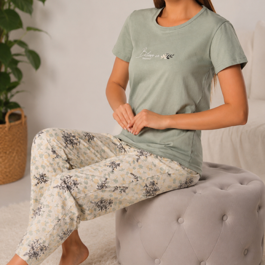 Yeşil yaprak detaylı kadın pijama takımı