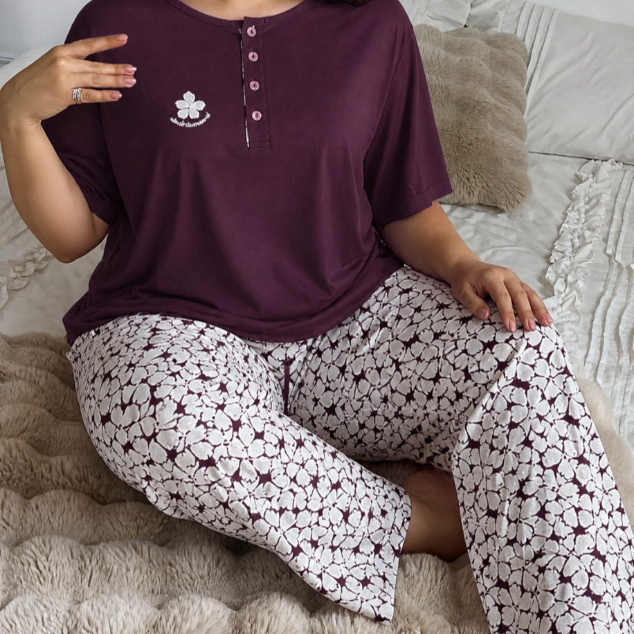 Büyük beden Mor Yarım dügmeli pijama takımı