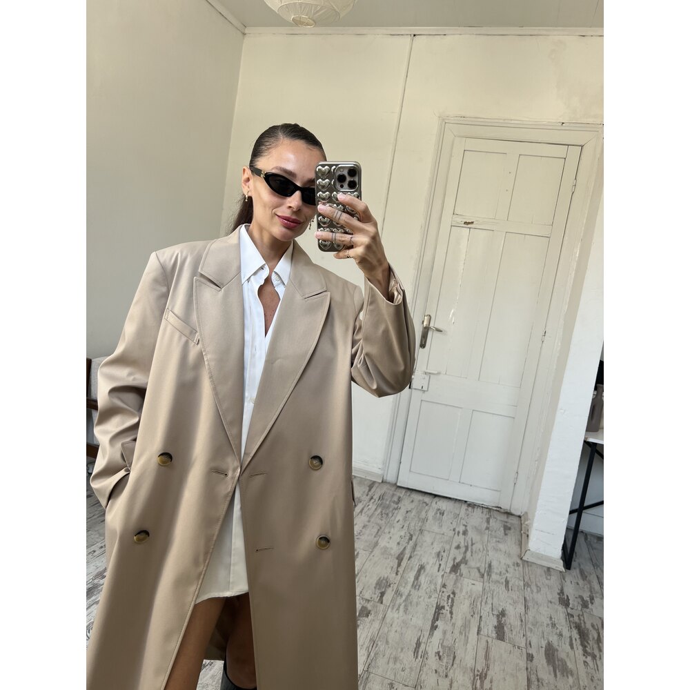 İngiliz Tam Kruvaze Yaka Maxi Boy Ceket