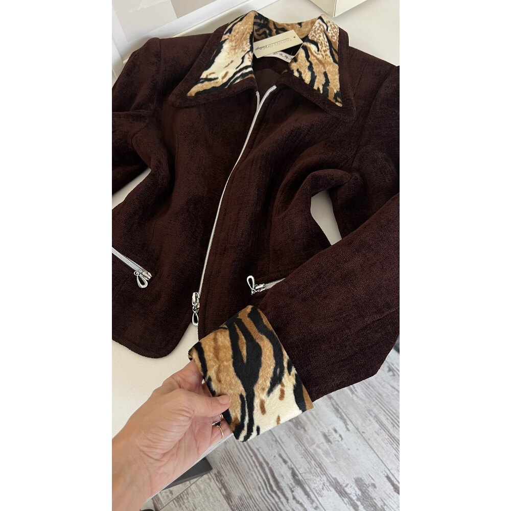 Golden Years Şönil Kadife Animal Print Yaka ve Manşet Detaylı Astarlı Blazer
