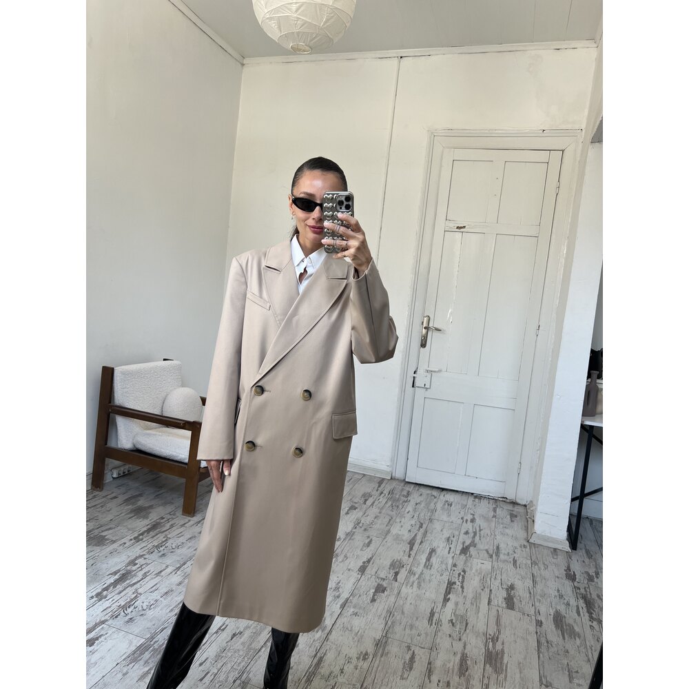 İngiliz Tam Kruvaze Yaka Maxi Boy Ceket