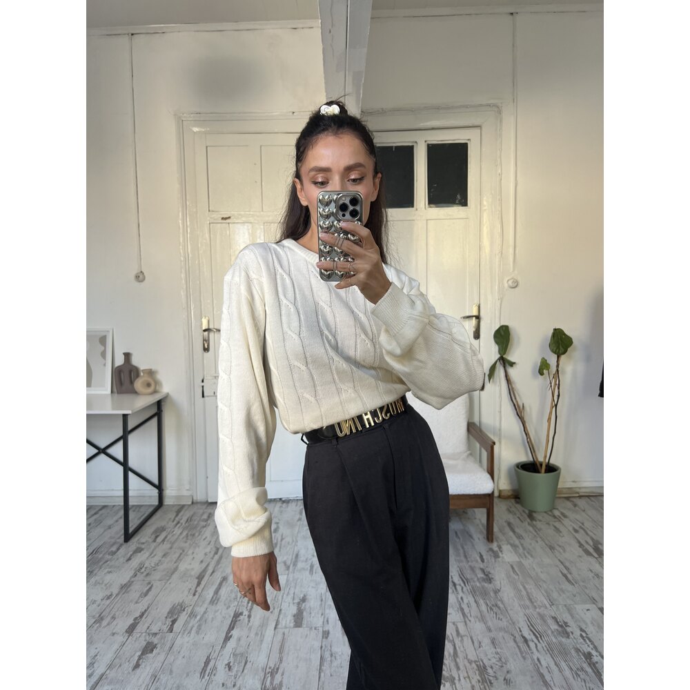 Roger Kent Basic Örgü Detaylı Oversize Boyfriend Kazak