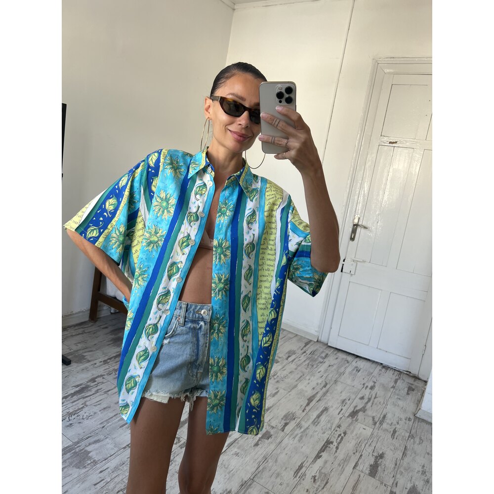 Ay Çiçeği Detalı Alman %100  Viscose Kimono Gömlek