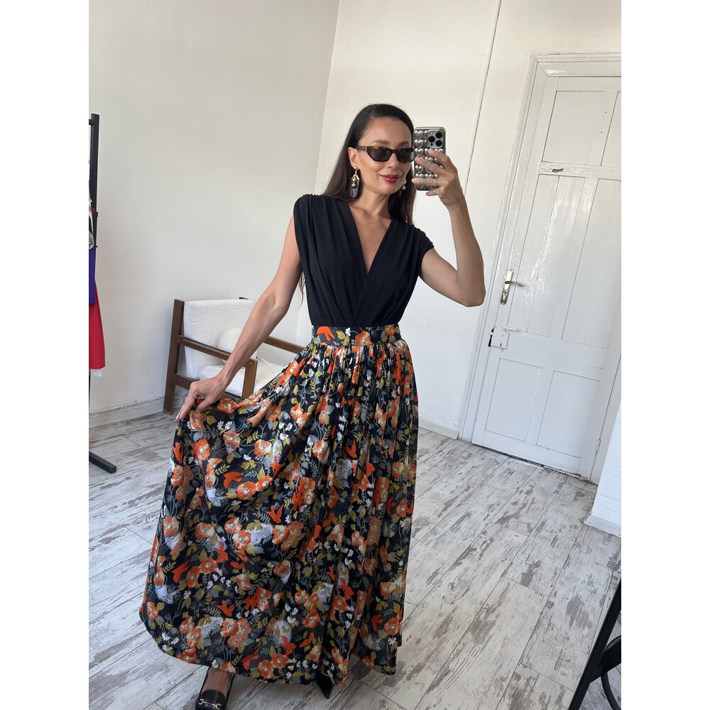 70s Dönem Floral Print Maxi Boy Premium Etek
