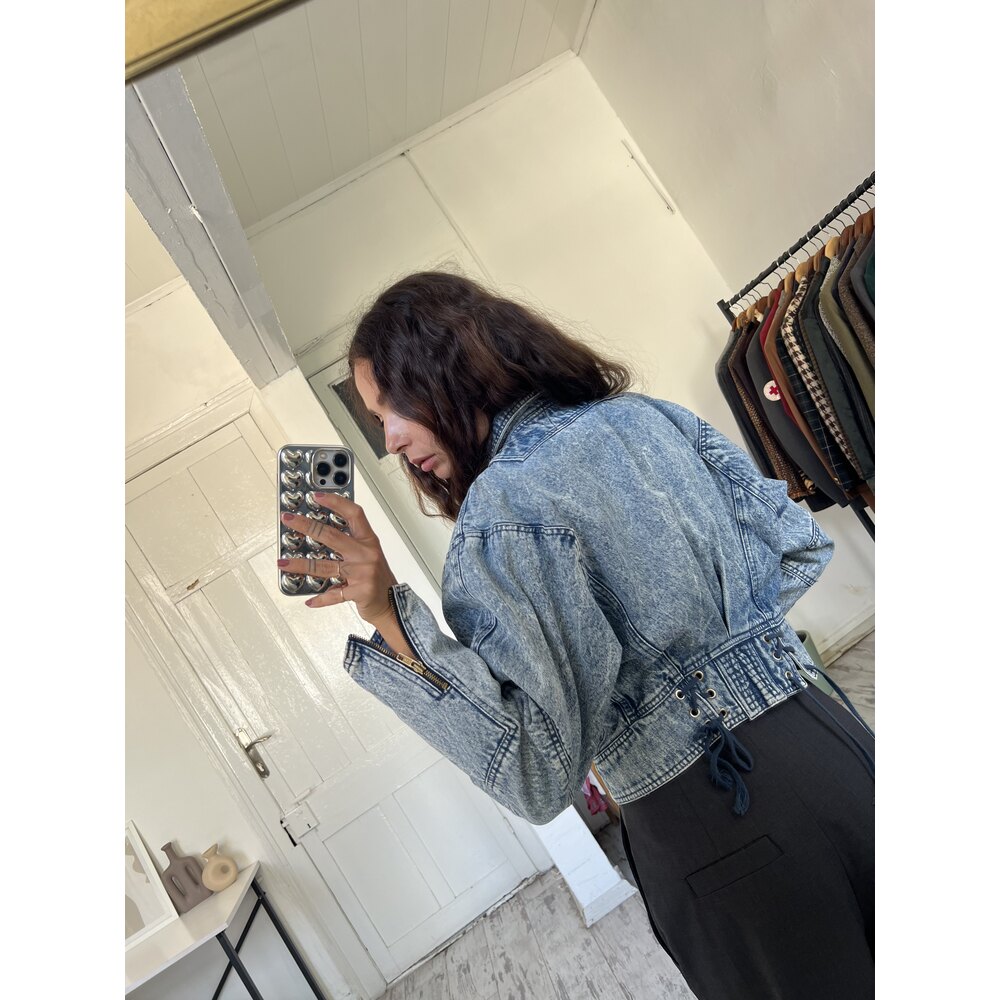 %100 Heavy Cotton Biker Crop Alman Denim Ceket