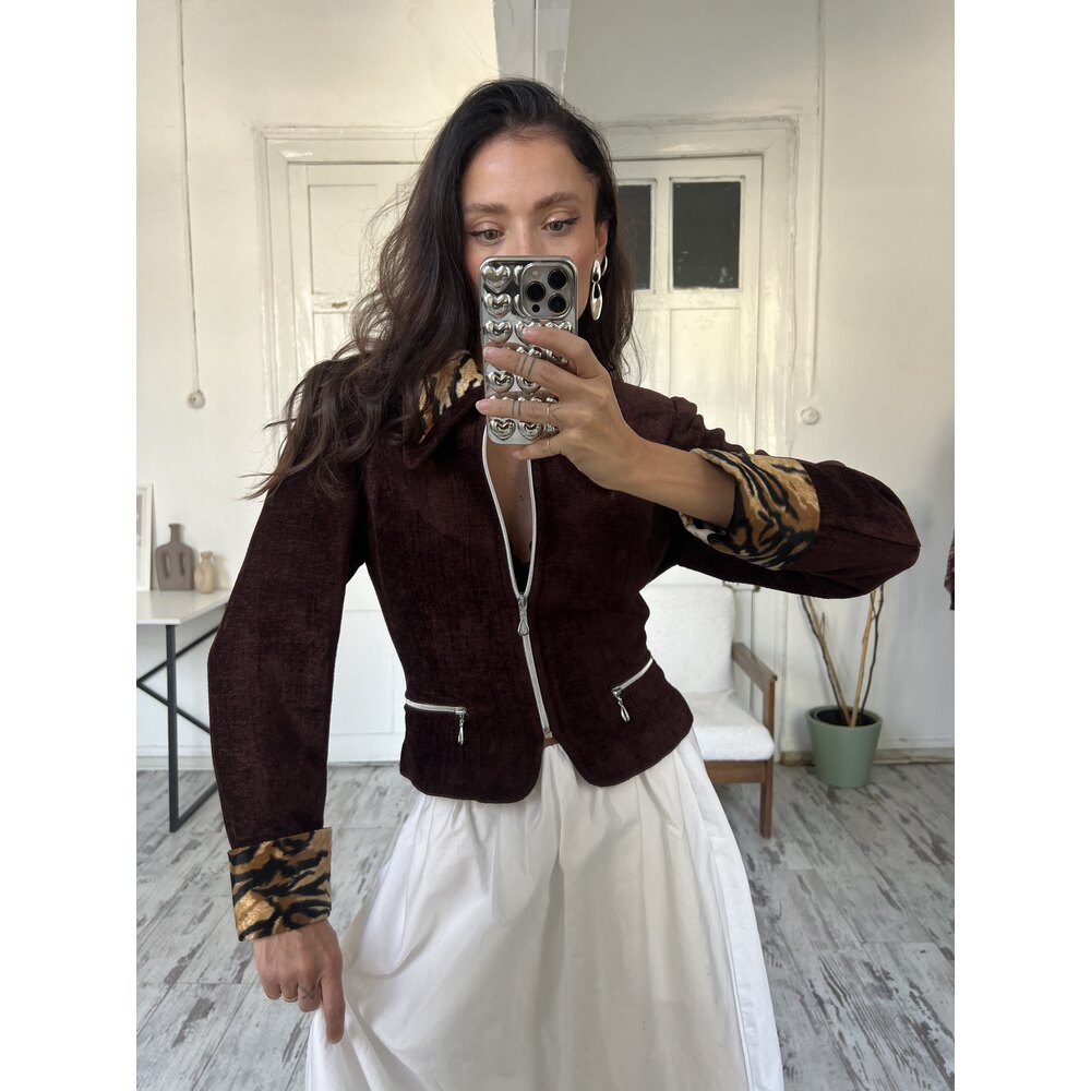 Golden Years Şönil Kadife Animal Print Yaka ve Manşet Detaylı Astarlı Blazer