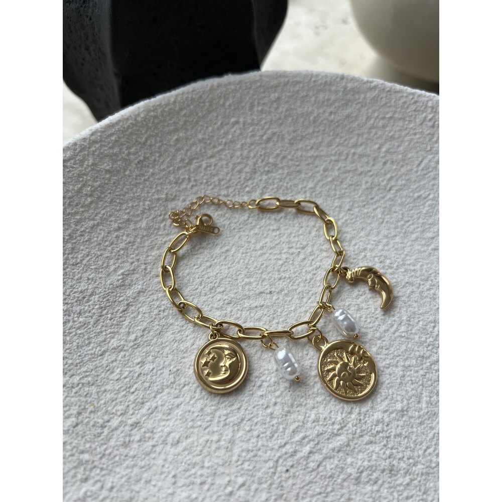 Güneş ve Ay Detaylı Charm Kararmaz Çelik Premium Bileklik