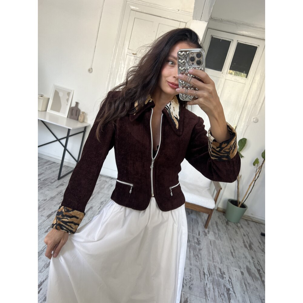 Golden Years Şönil Kadife Animal Print Yaka ve Manşet Detaylı Astarlı Blazer