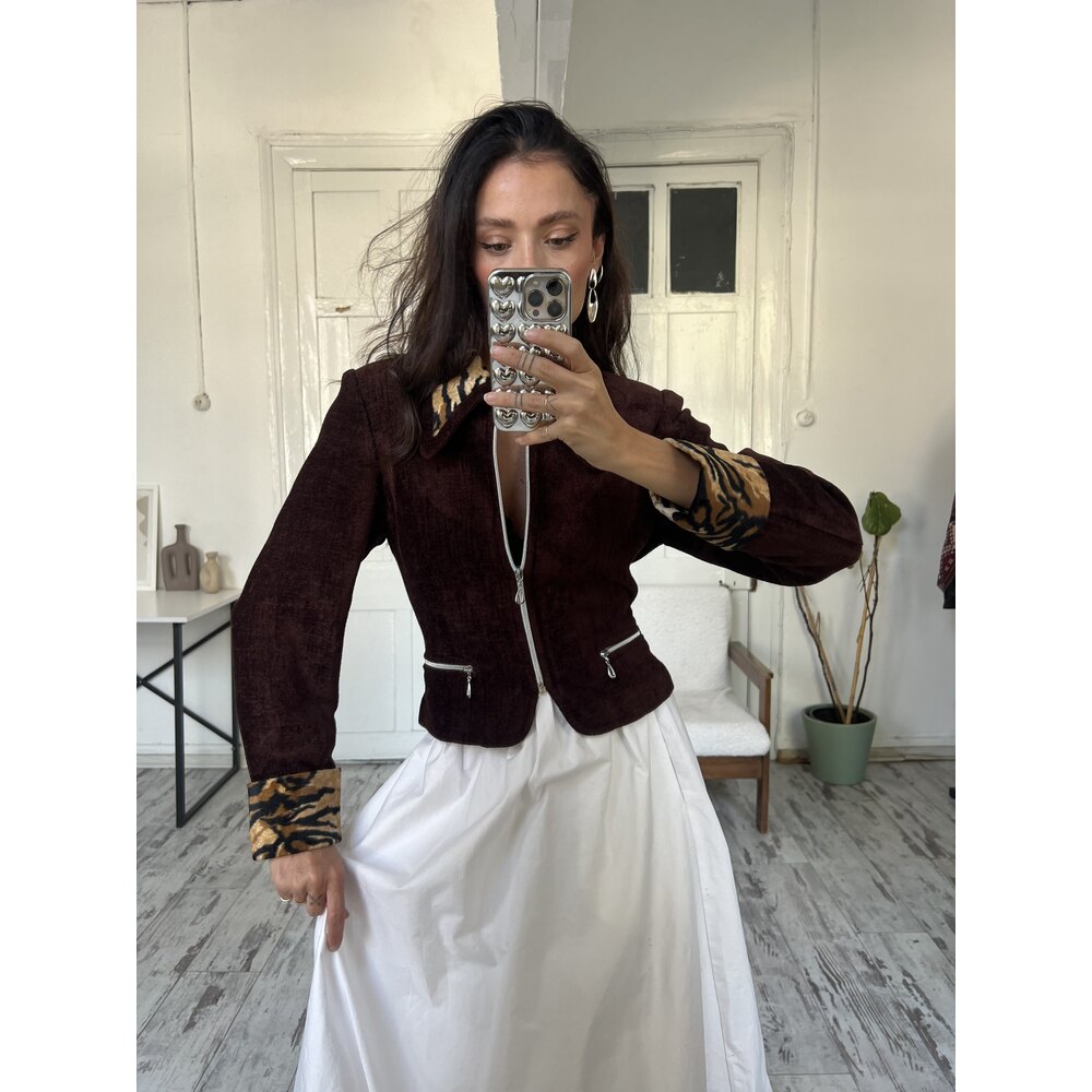 Golden Years Şönil Kadife Animal Print Yaka ve Manşet Detaylı Astarlı Blazer