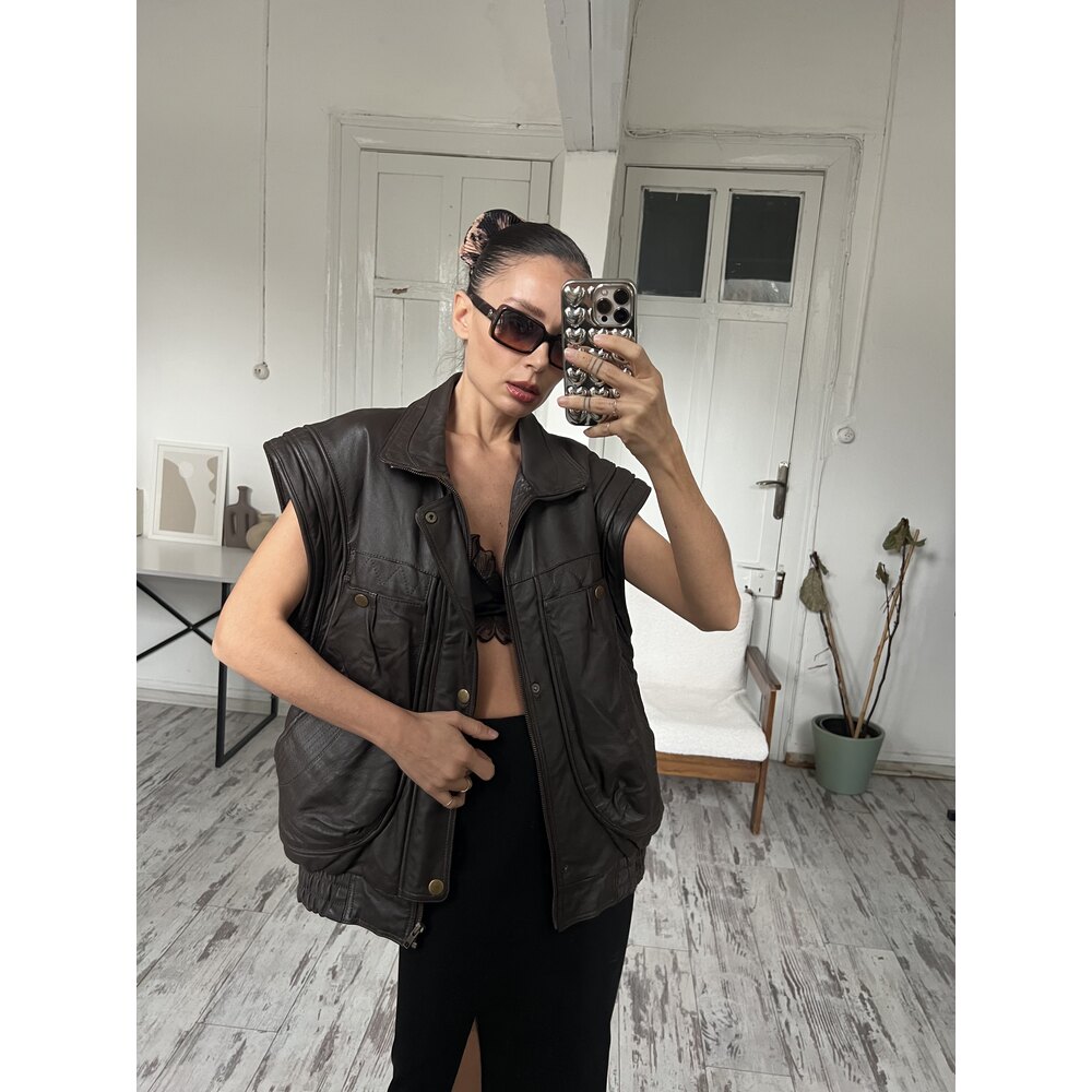 %100 Gerçek Deri Yumuşak Dokulu Bomber Tipi Unisex Yelek