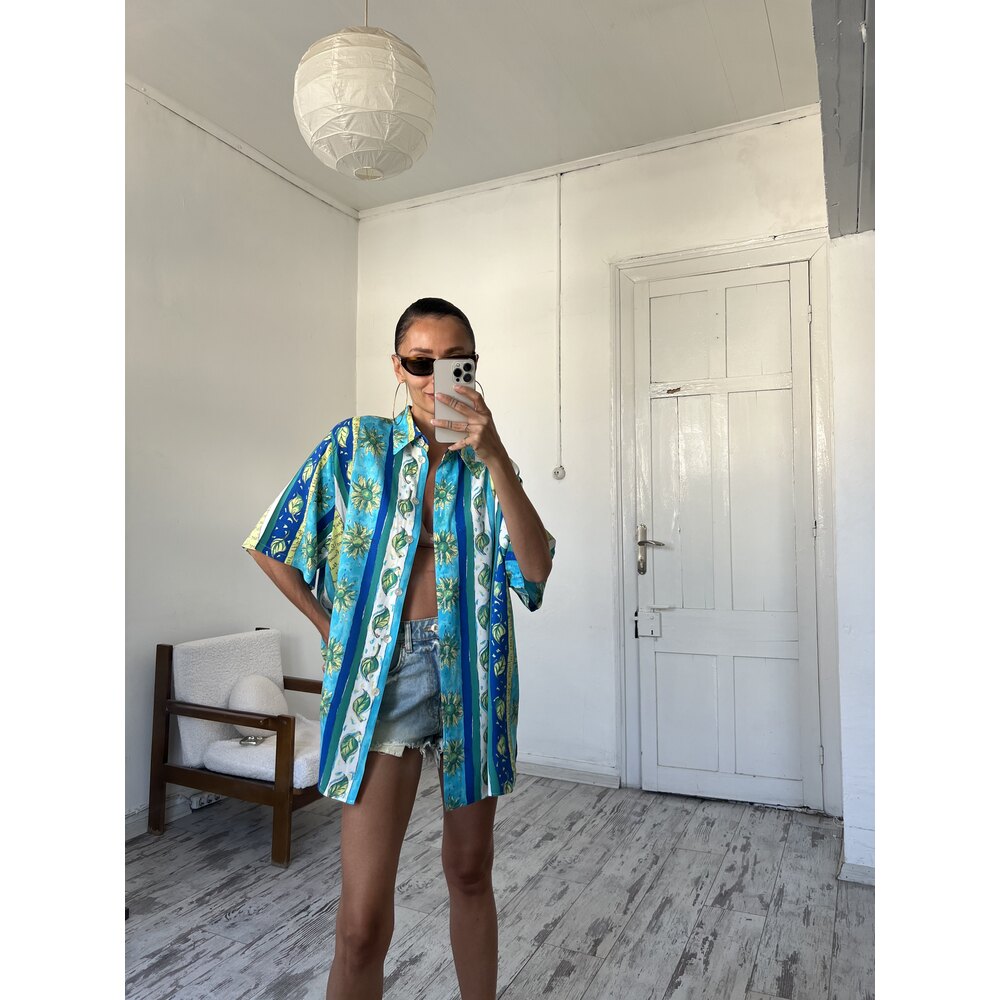 Ay Çiçeği Detalı Alman %100  Viscose Kimono Gömlek