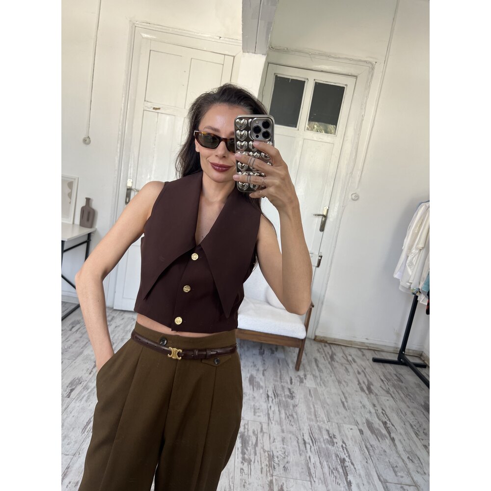 Premium Kalıp ve Kumaş Maxi Yaka Crop Yelek