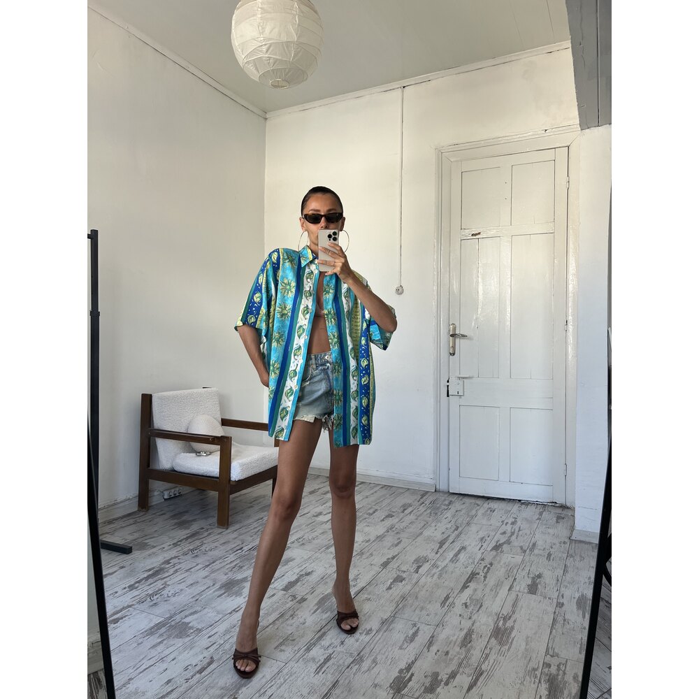 Ay Çiçeği Detalı Alman %100  Viscose Kimono Gömlek