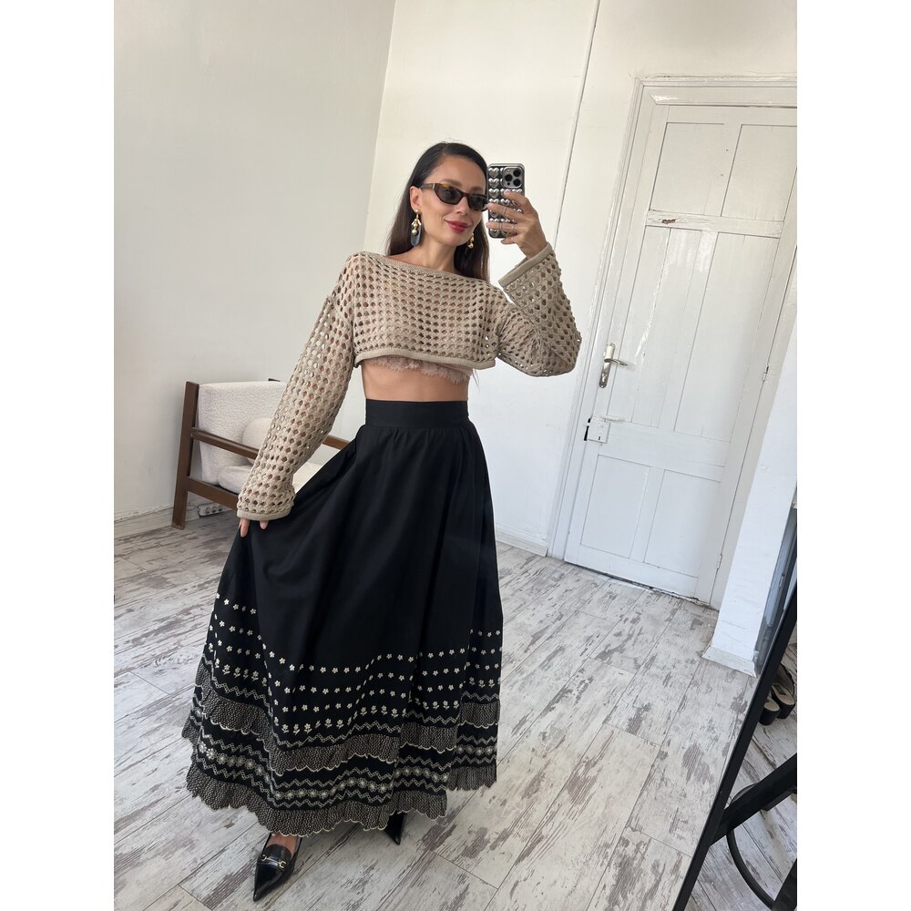 Çiçek İşlemeli Kedime Detaylı Exclusive Seri Maxi Etek