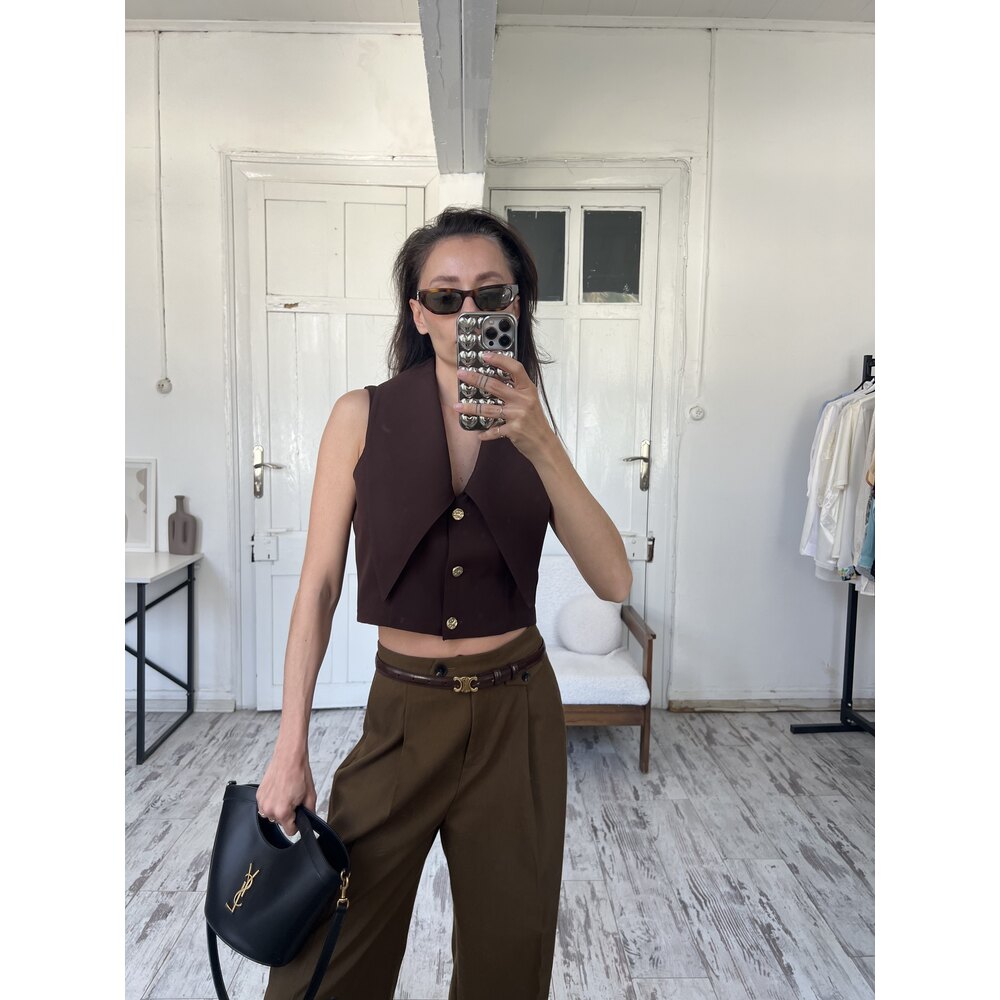 Premium Kalıp ve Kumaş Maxi Yaka Crop Yelek