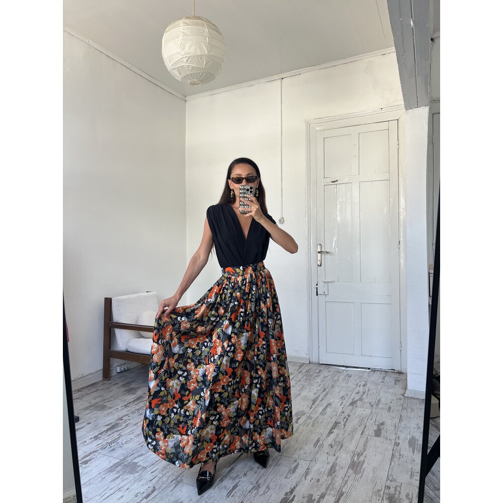 70s Dönem Floral Print Maxi Boy Premium Etek