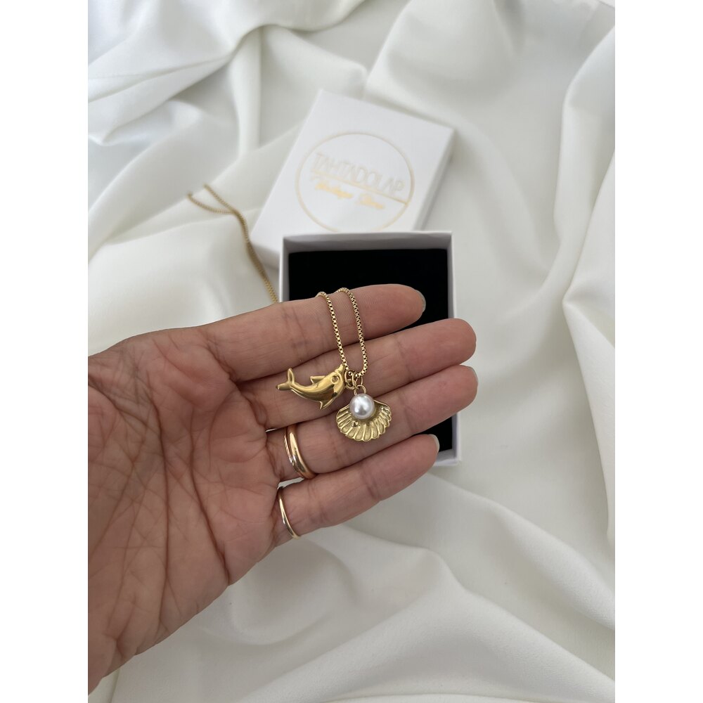 İnci ve Yunus Detaylı 18k Gold Pl. Premium Kolye