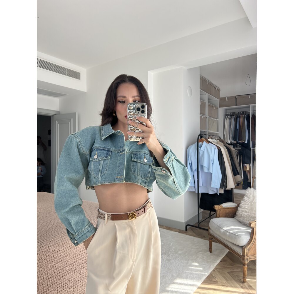 Tahtadolap Studio Vatkalı V Kesim Crop Denim Ceket