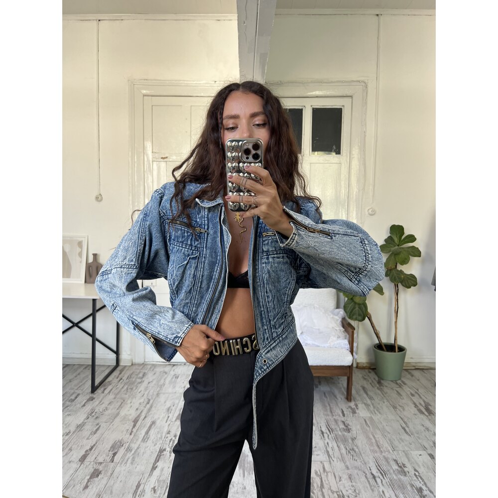 %100 Heavy Cotton Biker Crop Alman Denim Ceket