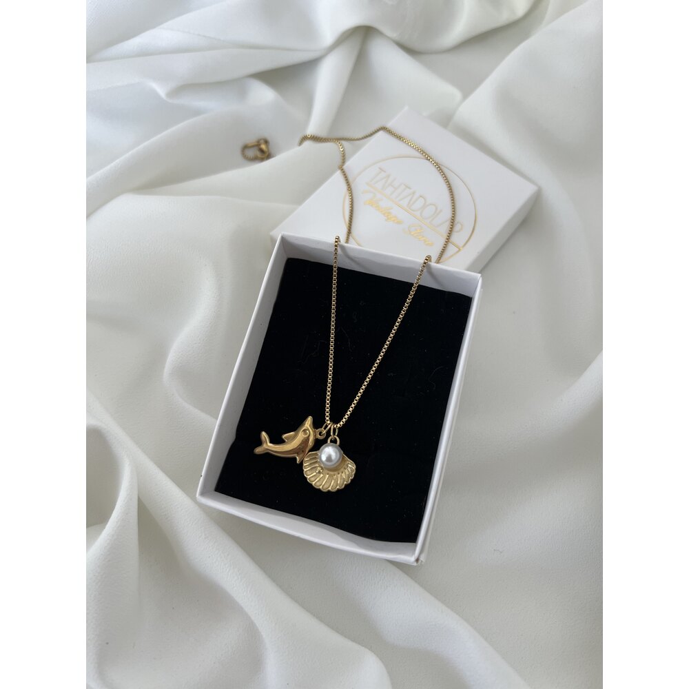 İnci ve Yunus Detaylı 18k Gold Pl. Premium Kolye