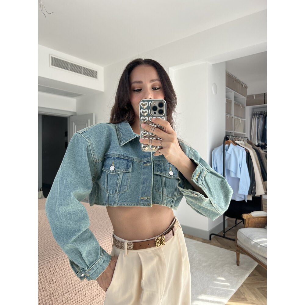 Tahtadolap Studio Vatkalı V Kesim Crop Denim Ceket