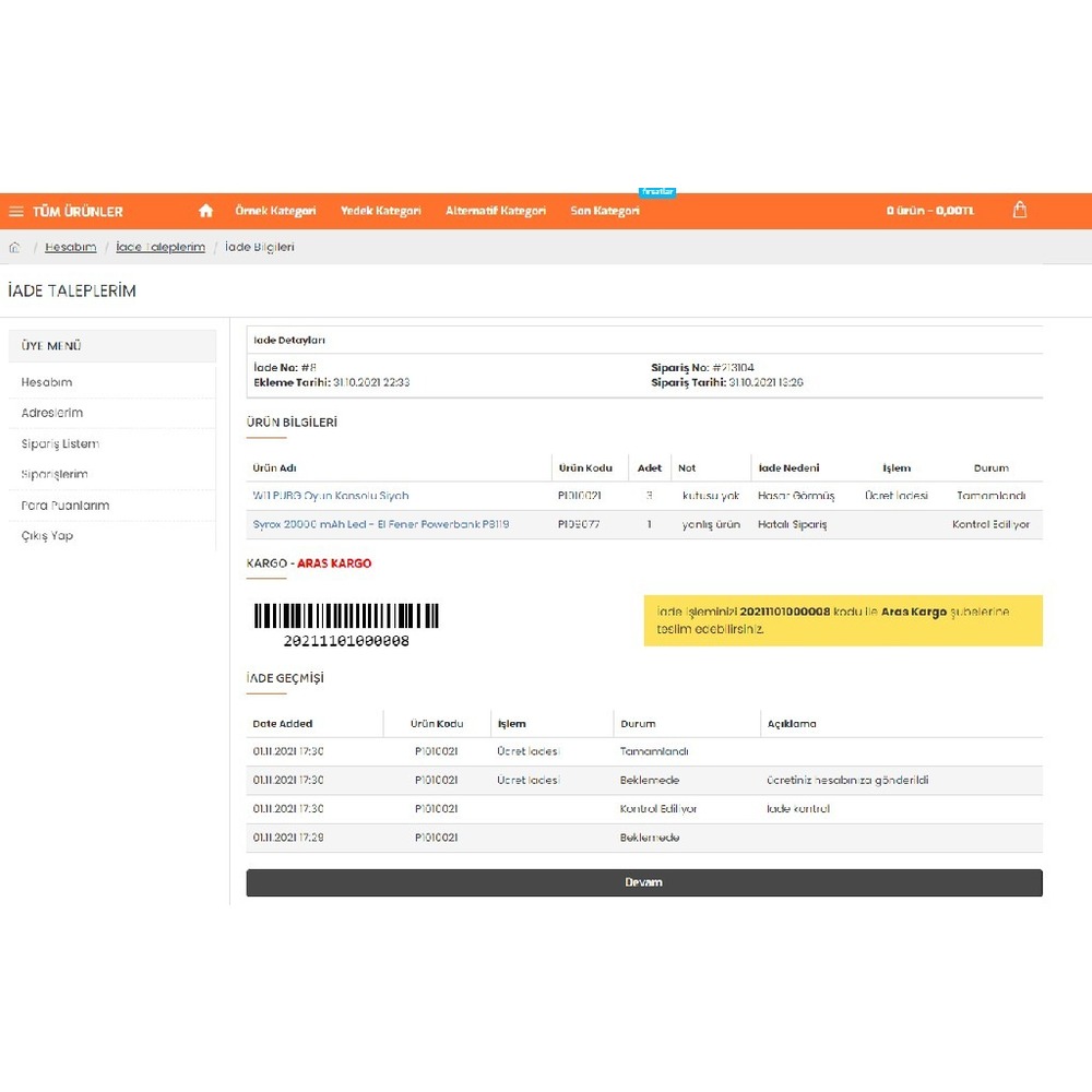 Opencart Ürün İade Sistemi Gelişmiş Versiyon