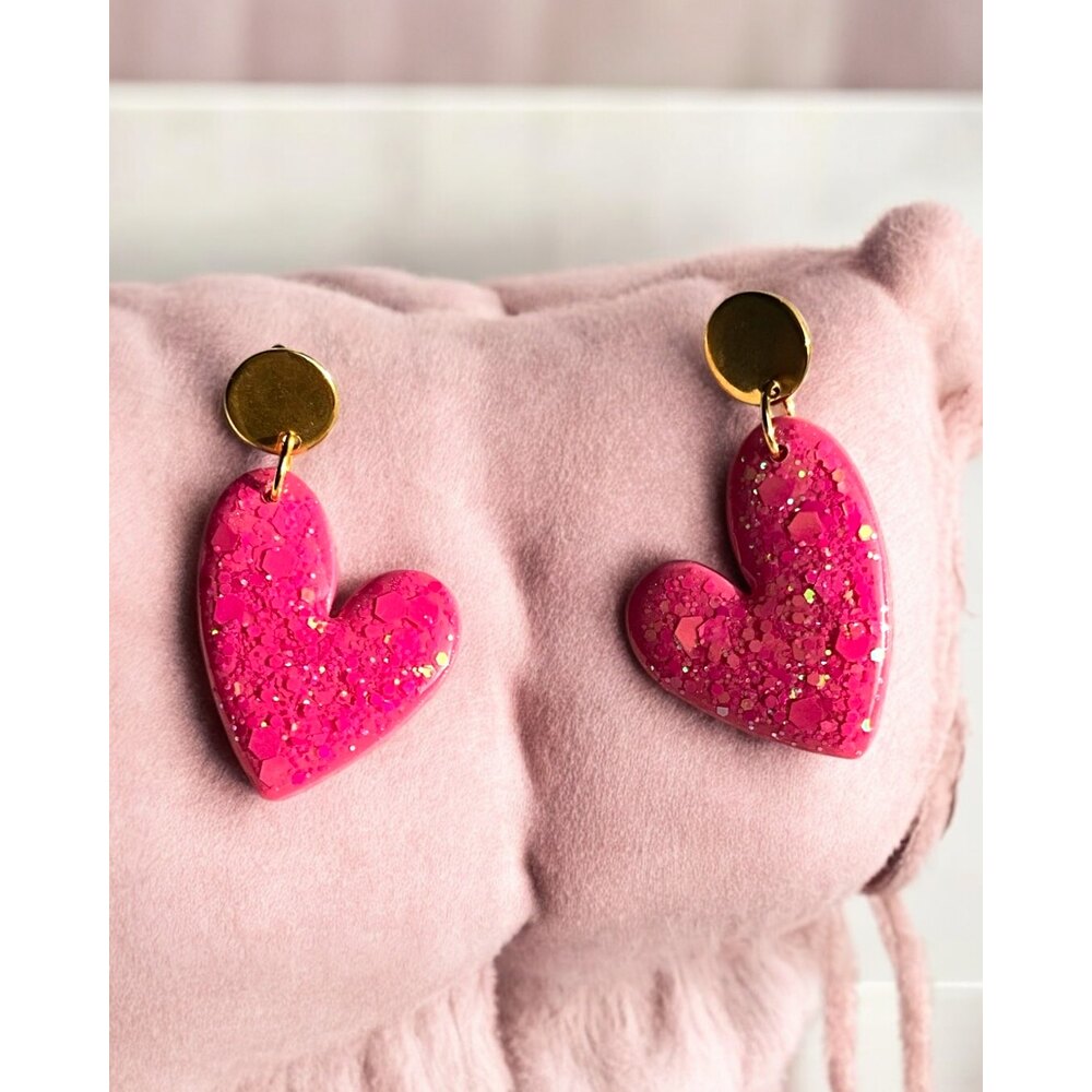 Kalbi geniş- Pembe Glitterlı Çelik apartlı sallantılı küpe