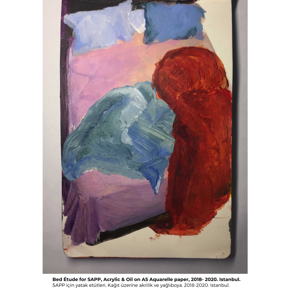 Bed Étude for SAPP H, Acrylic & Oil on A5 Aquarelle paper, 2018- 2020. Istanbul.