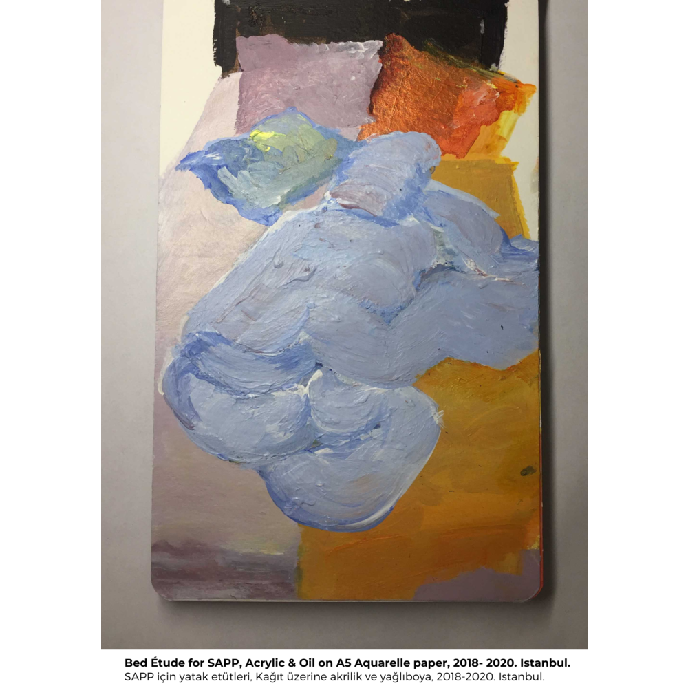 Bed Étude for SAPP G, Acrylic & Oil on A5 Aquarelle paper, 2018- 2020. Istanbul.