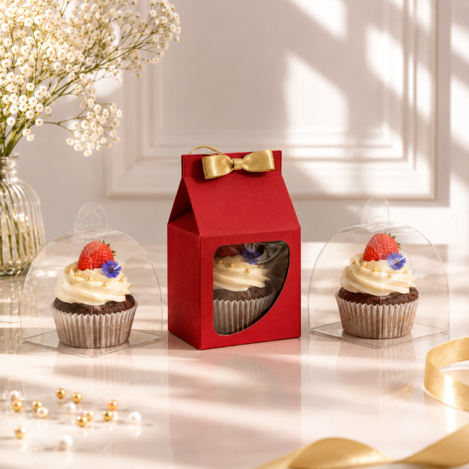 FRANSIZ PASTASI & CUPCAKE KUTUSU KIRMIZI (10 X 10 X 10+5,5 CM) (10 ADET)