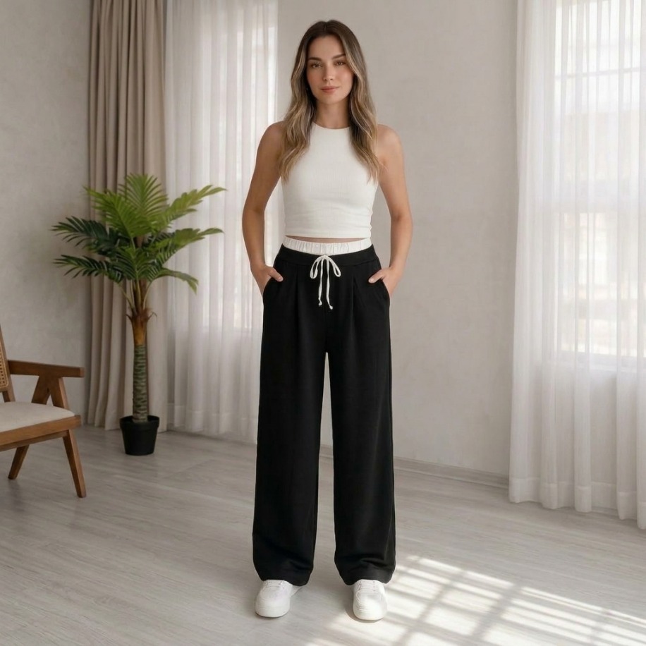 Siyah Beli Bağcıklı Geniş Paça Pantolon