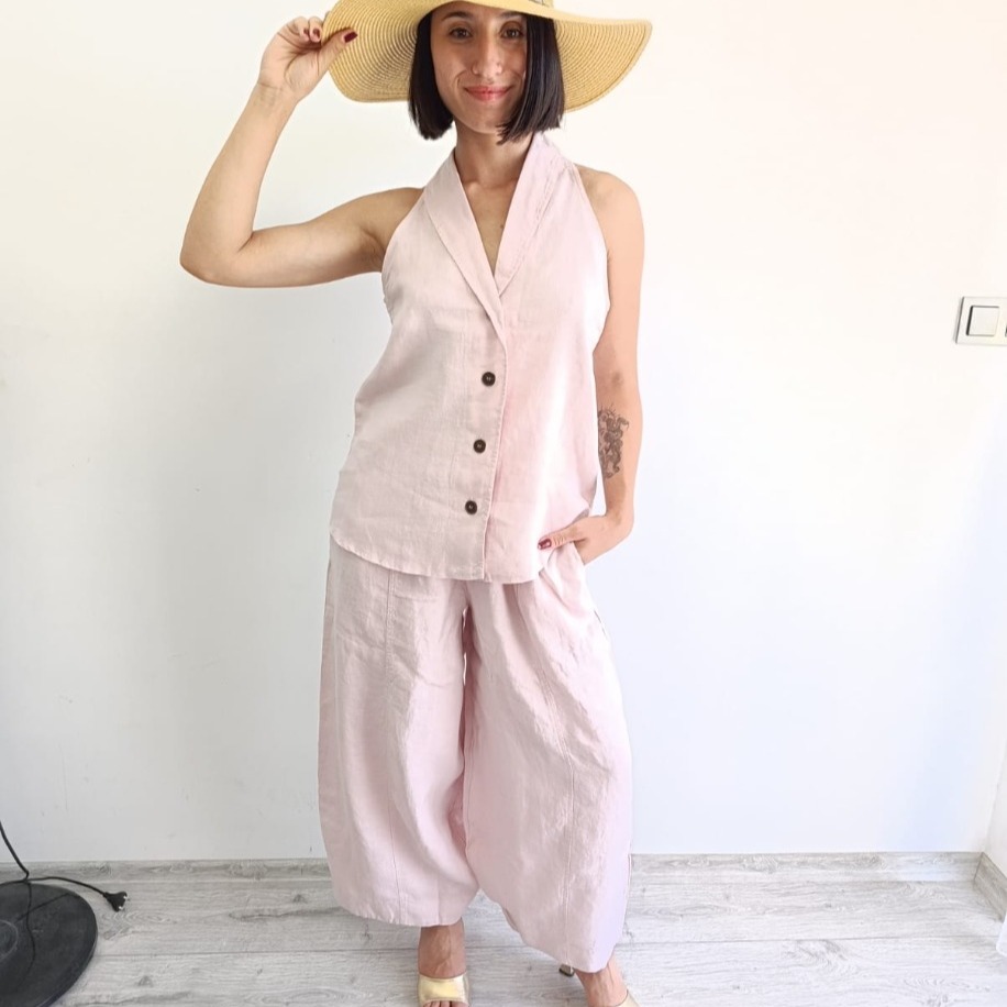 Açık Pembe %100 Keten Şalvar Takım