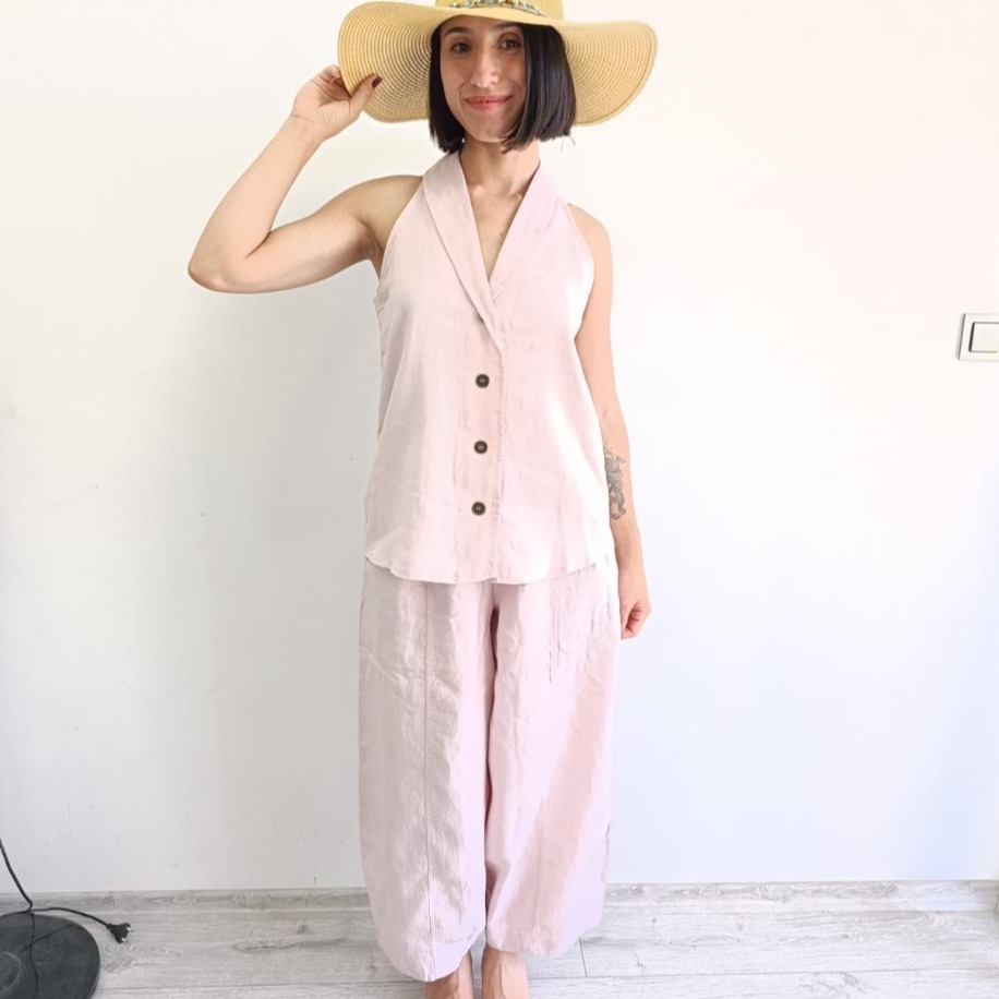 Açık Pembe %100 Keten Şalvar Takım