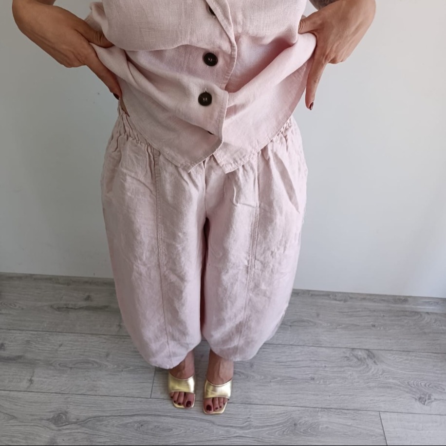 Açık Pembe %100 Keten Şalvar Takım