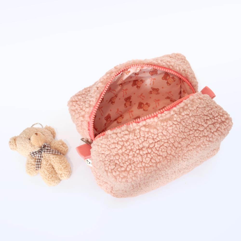 Ayıcık Anahtarlık Hediyeli Bakım Çantası Orta Boy Teddy Pudra Pembe