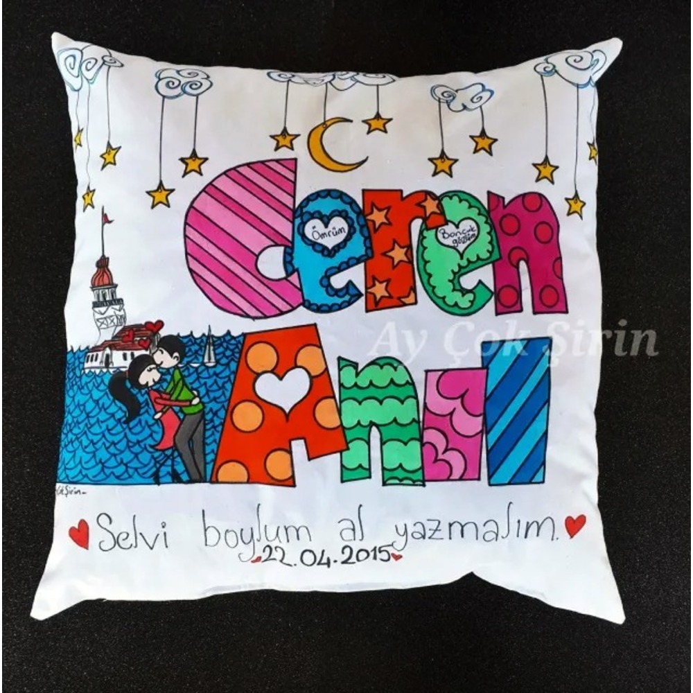 2 isimli Kız Kulesi Temalı ve İsimli Sevgiliye Hediye Yastık (35x35 cm)