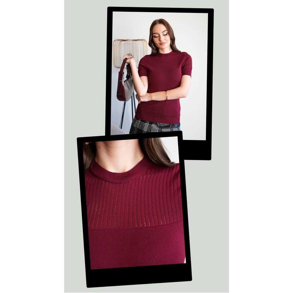 Bordo kısa kol triko | fitilli kol