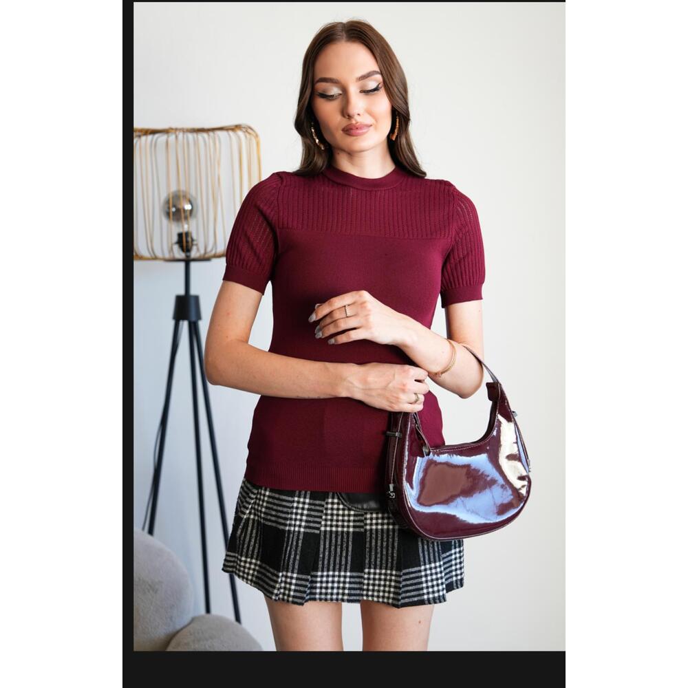 Bordo kısa kol triko | fitilli kol