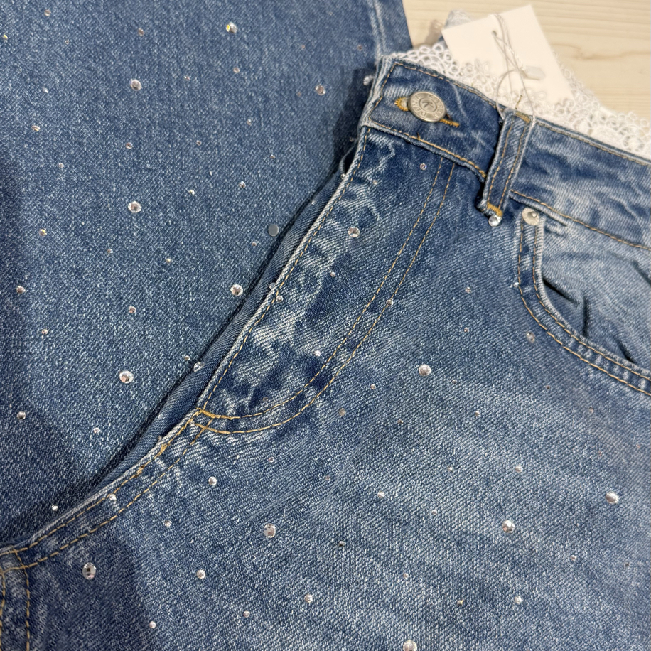 Beli Dantel Detaylı Taşlı Wide Leg Jean