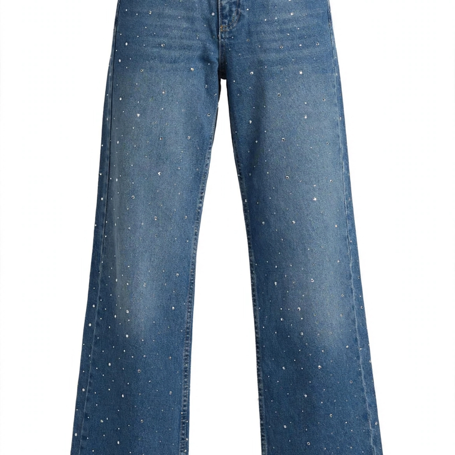 Beli Dantel Detaylı Taşlı Wide Leg Jean