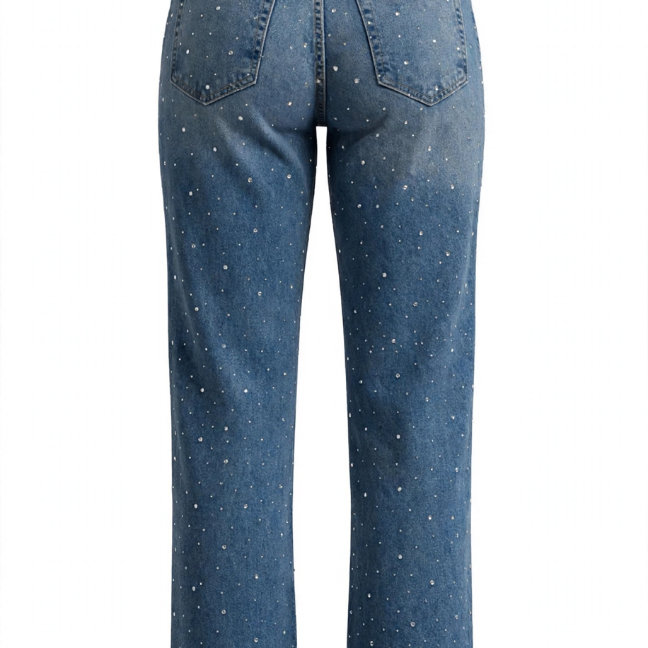 Beli Dantel Detaylı Taşlı Wide Leg Jean