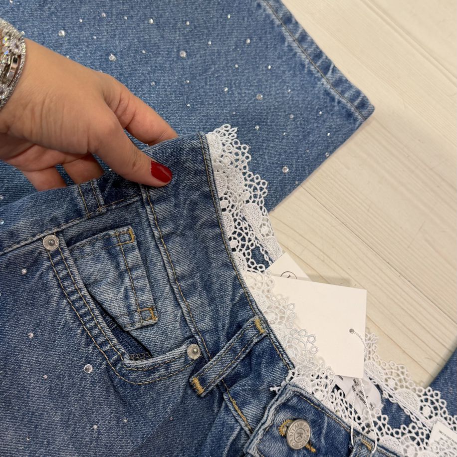 Beli Dantel Detaylı Taşlı Wide Leg Jean