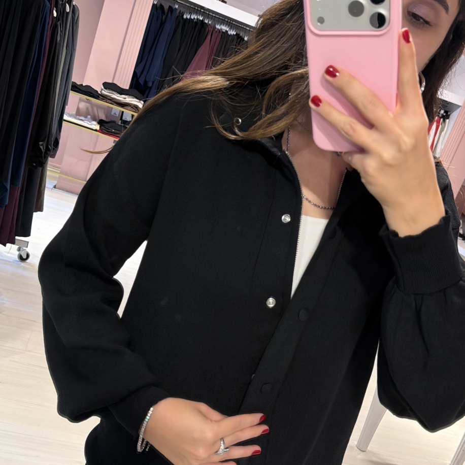 Siyah Kaplama Düğmeli Çıtçıtlı Ceketli Triko Takım 