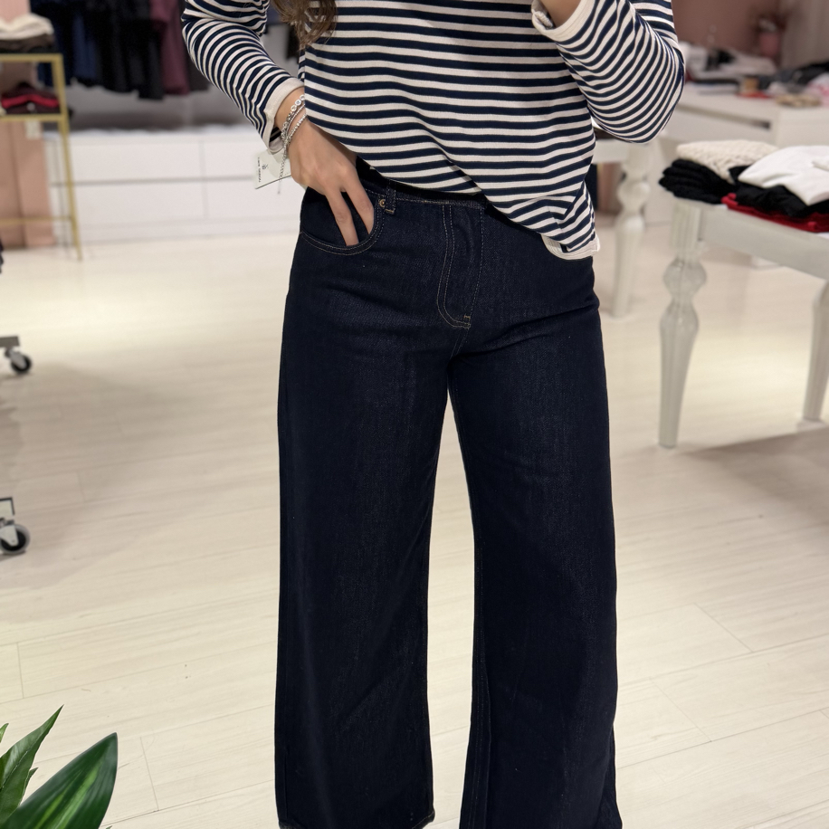 Mavi Arka Beli Lastikli Bol Paça Jean