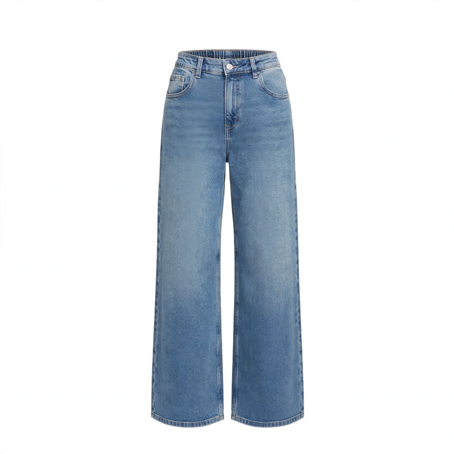 Mavi Arka Beli Lastikli Bol Paça Jean