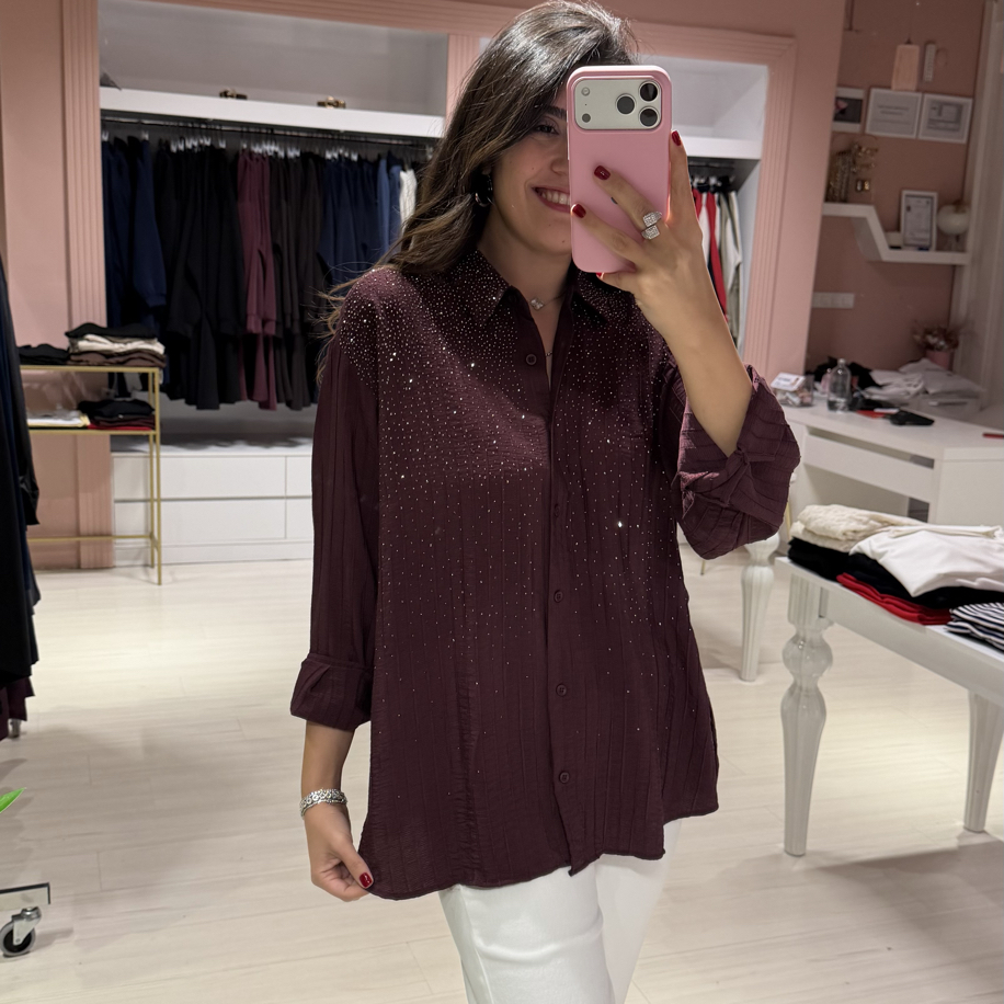 Mürdüm Full Taşlı Gömlek