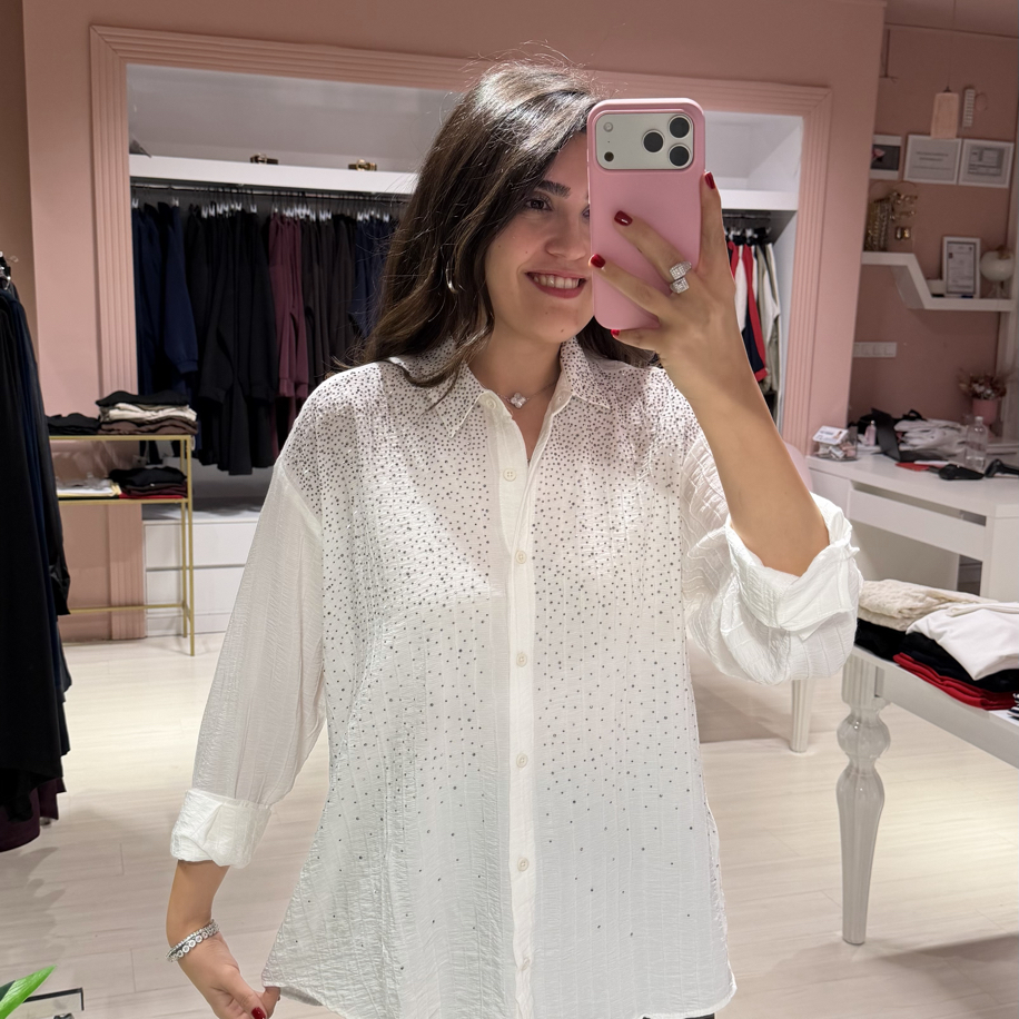 Beyaz Full Taşlı Gömlek