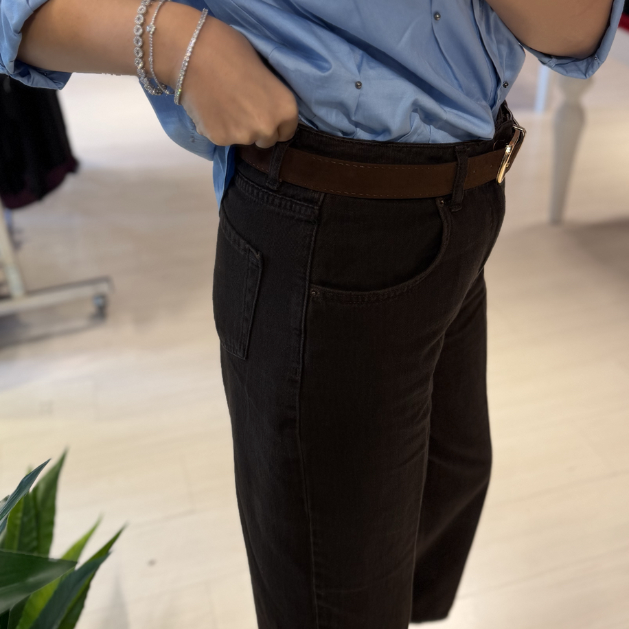 Kahve Kemerli Barrel Kesim Jean