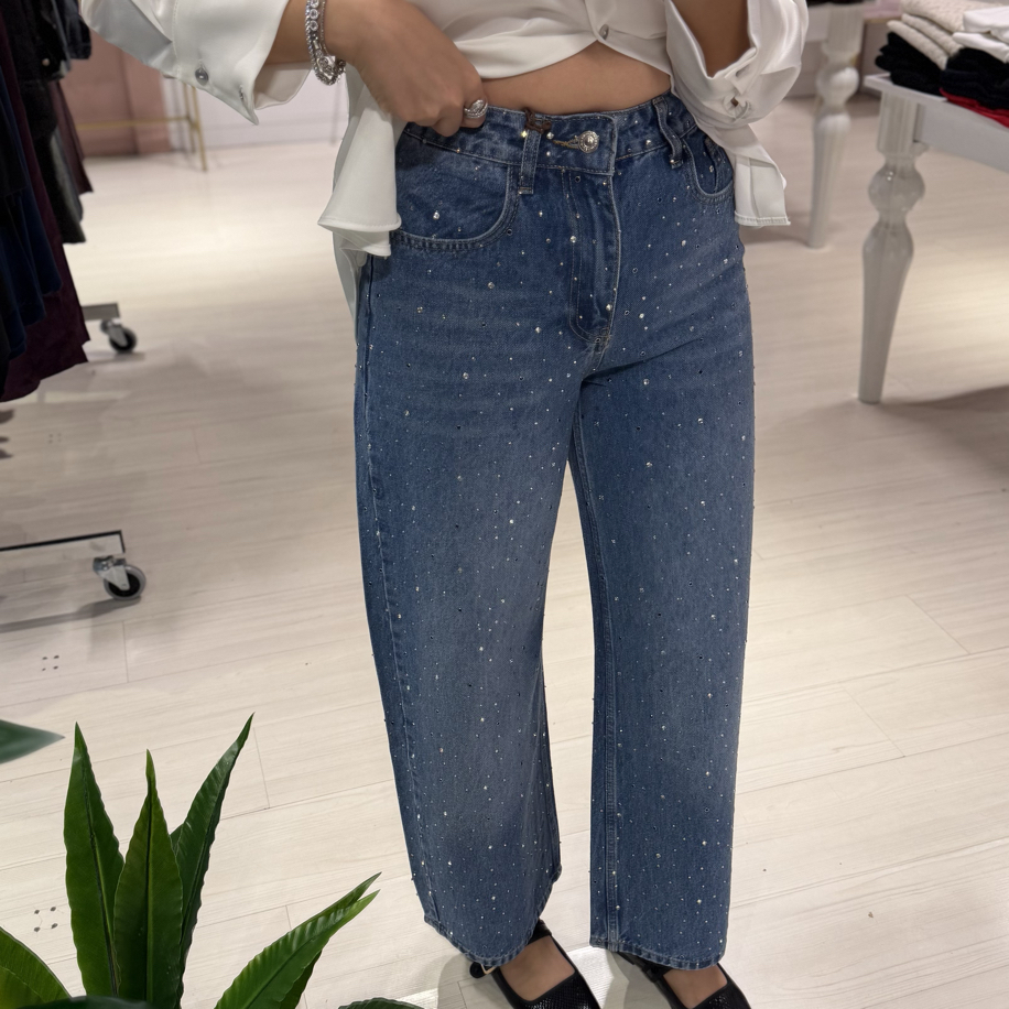 Mavi Taş Detaylı Barrel Kesim Jean