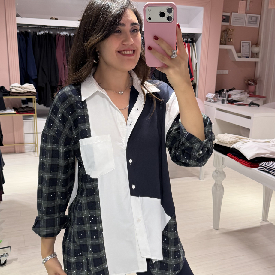 Yeşil Lacivert Taşlı Tasarım Gömlek